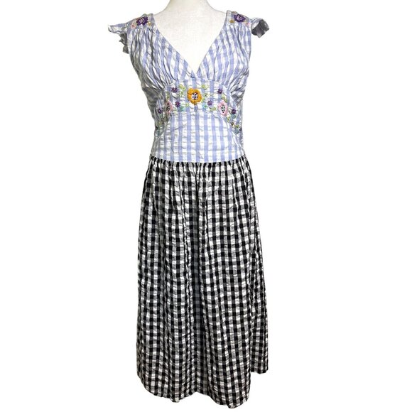 Tach Clothing Dress Medium Gingham Fit Flare Floral Embroidery Cottage Core - Picture 1 of 10